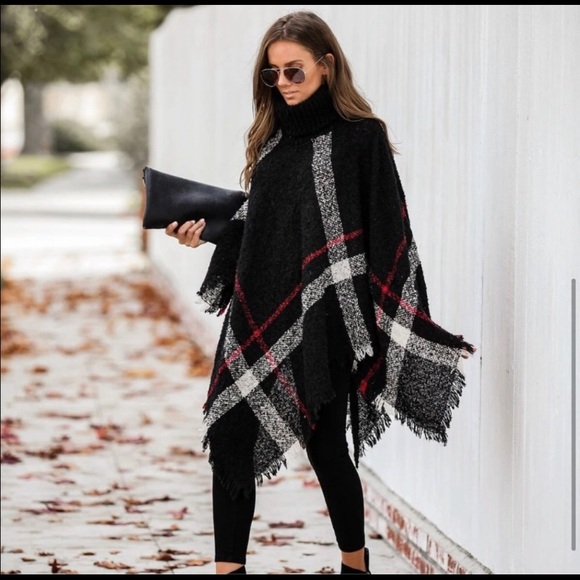 *One Left* Turtleneck Black White & Red Poncho - Picture 3 of 7